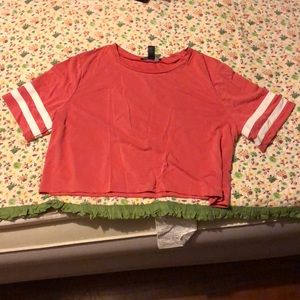 pink varsity striped cropped tee